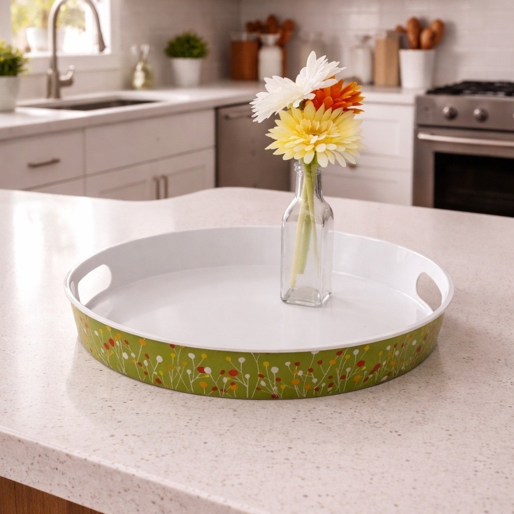 Round Serving‎ Tray with Handles White and Green Floral Botanical Print